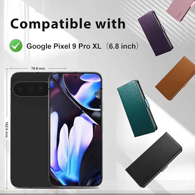 Wallet Flip Case for Google Pixel 9 Pro XL - [RFID Blocking] Luxury PU Leather Card Holder Magnetic Phone Cover with Kickstand,Shockproof Protective Case,Black