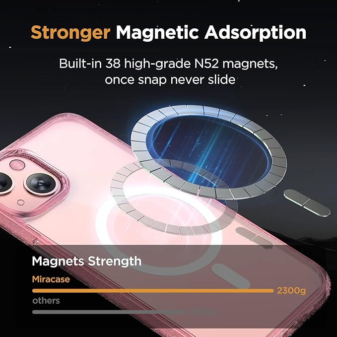 Miracase Magnetic for iPhone 13 Case 6.1 inch (Compatible with MagSafe)（with 2X Screen Protectors） Military-Grade Protection, Anti-Fingerprint Translucent Matte Phone Case Cover, Glitter Pink