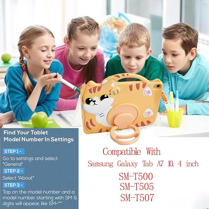 3D Cute Vivid Cat Case for Samsung Galaxy Tab A7 10.4 inch 2022/2020 SM-T500/T505/T507,Kawaii Cartoon Character Pretty Cat Soft Silicone Rotating Stand Case with Lanyard for Kids Teens Girls Women