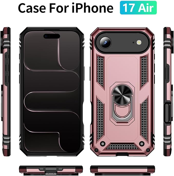 ADDIT Compatible with iPhone 17 Air Case with Tempered Glass Screen Protector, Adjustable Kickstand Ring, Military-Grade Heavy Duty Protection, Shockproof, Anti-Fingerprint,Rose Gold