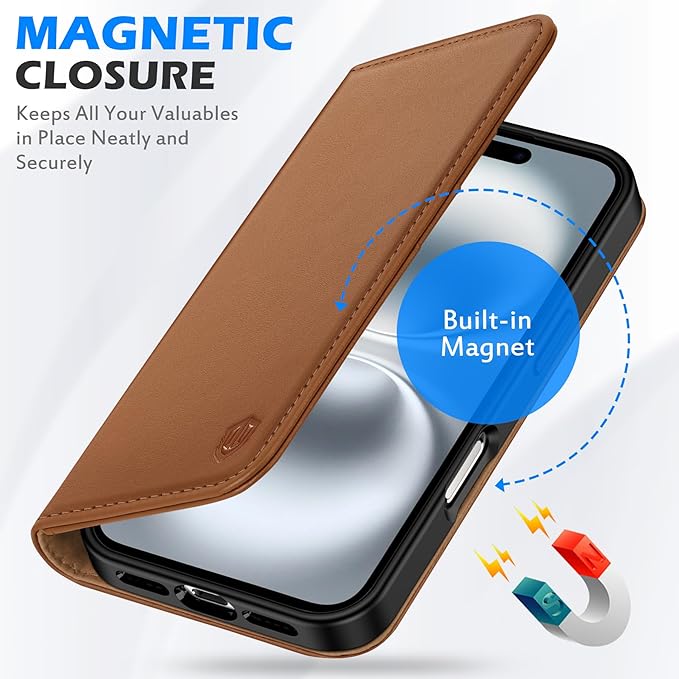 SHIELDON Wallet Case for iPhone 16 6.1" 2024, Genuine Leather Folio Magnetic Closure Kickstand RFID Blocking Card Slots Full Protection Cover Compatible with iPhone 16 5G - Nappa Saddle Brown