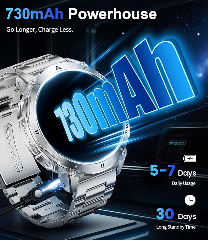 Smart Watches for Men Answer/Make Call, 1.62" AMOLED/730mAh Battery/LED Flashlight Military Smartwatch, 110+ Sports Modes IP68 Waterproof Fitness Tracker for Android iOS Silver