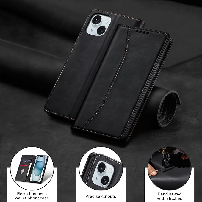 Jasonyu Flip Wallet Case for iPhone 15,Leather Magnetic Folio Cover with Card Holder,Kickstand - TPU Shockproof Durable Protective Phone Case,Black