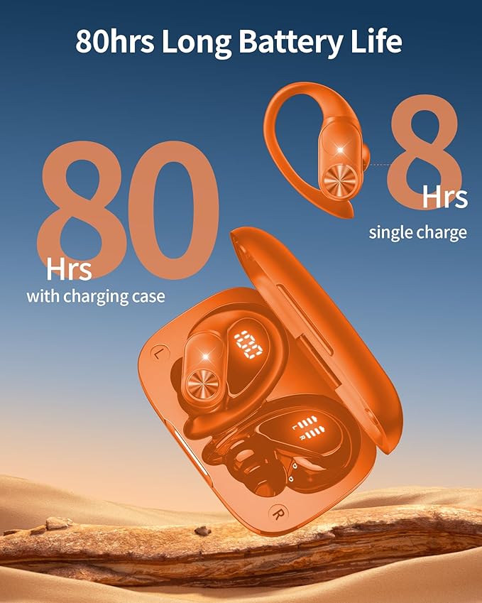PocBuds Bluetooth Headphones Wireless Earbuds 80hrs Playtime Wireless Charging Case Digital Display Sport Ear Buds with Earhook Deep Bass IPX7 Waterproof Over-Ear Earphones for Phone Laptop Caramel