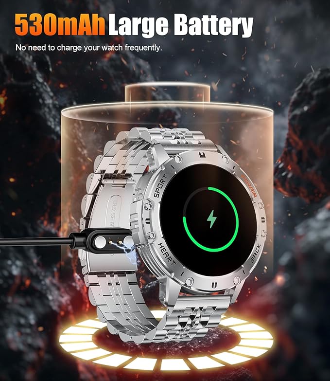 Smart Watches for Men(3 Straps),1,43'' AMOLED Military Smart Watch for Men with LED Flashlight/530mAh Large Battery/5ATM Waterproof,Fitness Tracker Smartwatch with Answer/Make Call Silver