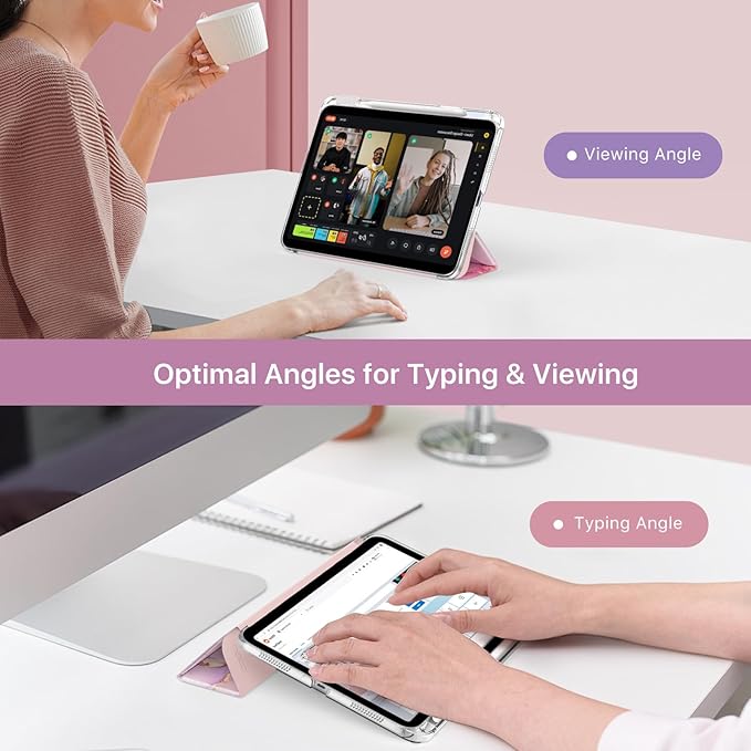 MoKo for iPad (A16) 11th Generation Case 11 Inch 2025, iPad 10th Gen Case 10.9 Inch 2022 with Pencil Holder, Slim Light Trifold Protective Cover with Hard PC Transparent Back Shell, Light Pink Marble