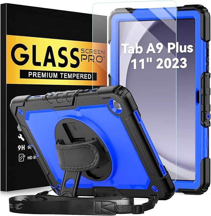 BLOSOMEET Blue Case for Samsung Galaxy Tablet A9 Plus 11 Inch 2023 with Tempered Glass Screen Protector, Pencil Holder, Kickstand, Hand Strap,Shoulder Strap
