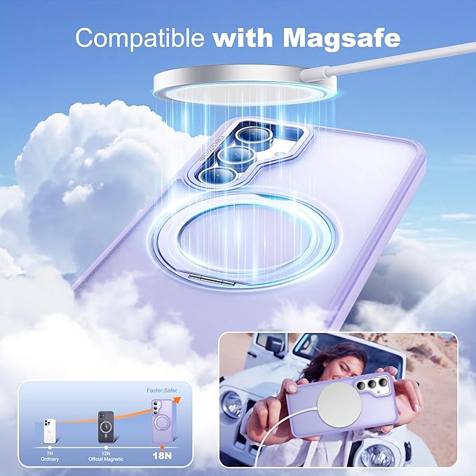 for Samsung Galaxy S23 FE Case with 360° Rotatable Magnetic Ring Stand Compatible with Mag-Safe Military Protection Shockproof Matte Translucent Phone Case for Galaxy S23 FE,Purple