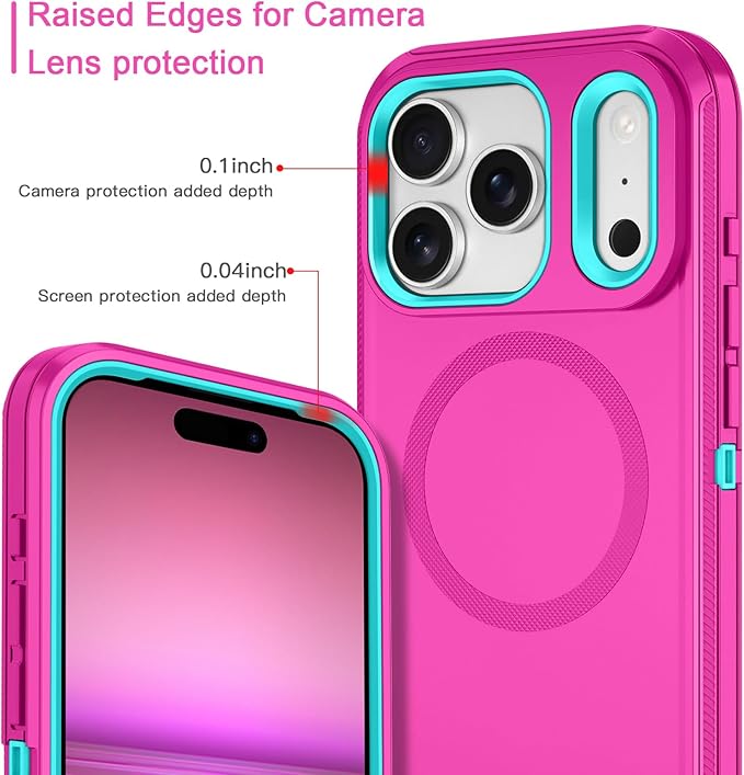 for iPhone 17 Pro Case [Compatible with MagSafe] Shockproof 3-Layer Full Body Protection [Without Screen Protector] Rugged Heavy Duty Cover Case for Apple iPhone 17 Pro 6.3",Rose Red/Green
