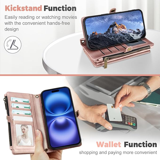 for iPhone 16 Plus Wallet Phone Case with 8 Card Holder,RFID Blocking | PU Leather | Kickstand | Flip | Wrist Strap&Shoulder Strap | Shockproof | Zipper Wallet | Women Men | 6.7" | Rose Gold