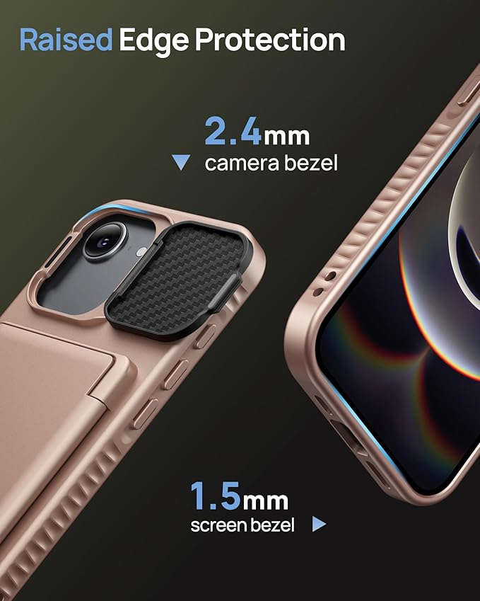 for iPhone 16e Case with Card Holder & Camera Lens Cover Stand, Military Grade Drop Protection Shockproof Rugged Stand Wallet Protective Phone Case for iPhone 16e 2025, Rose Gold