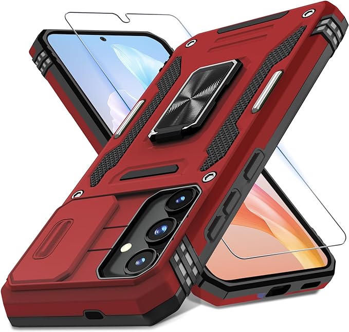 DEERLAMN Case for Samsung Galaxy S24+ Plus with Slide Camera Cover+Screen Protector (1 Pack), Rotated Ring Kickstand Military Grade Shockproof Protective Cover-Red