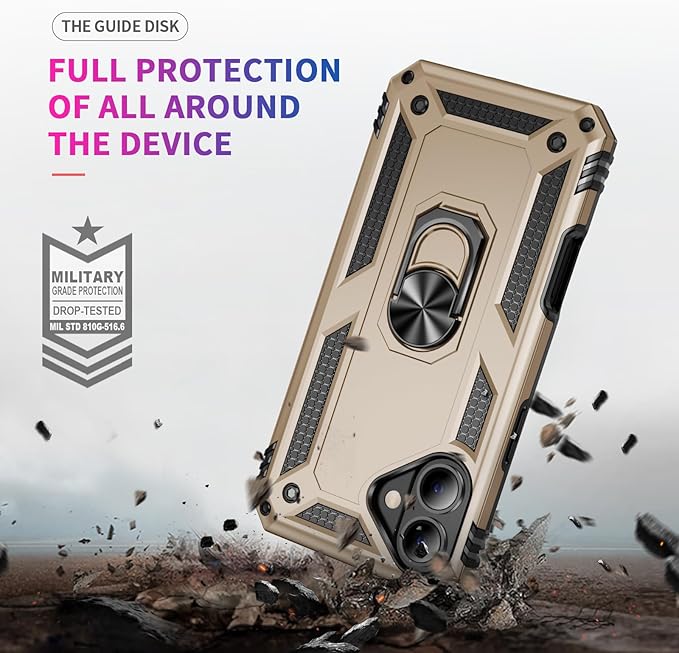 ADDIT Compatible with iPhone 17 Case with Tempered Glass Screen Protector, Adjustable Kickstand Ring, Military-Grade Heavy Duty Protection, Shockproof, Anti-Fingerprint,Gold