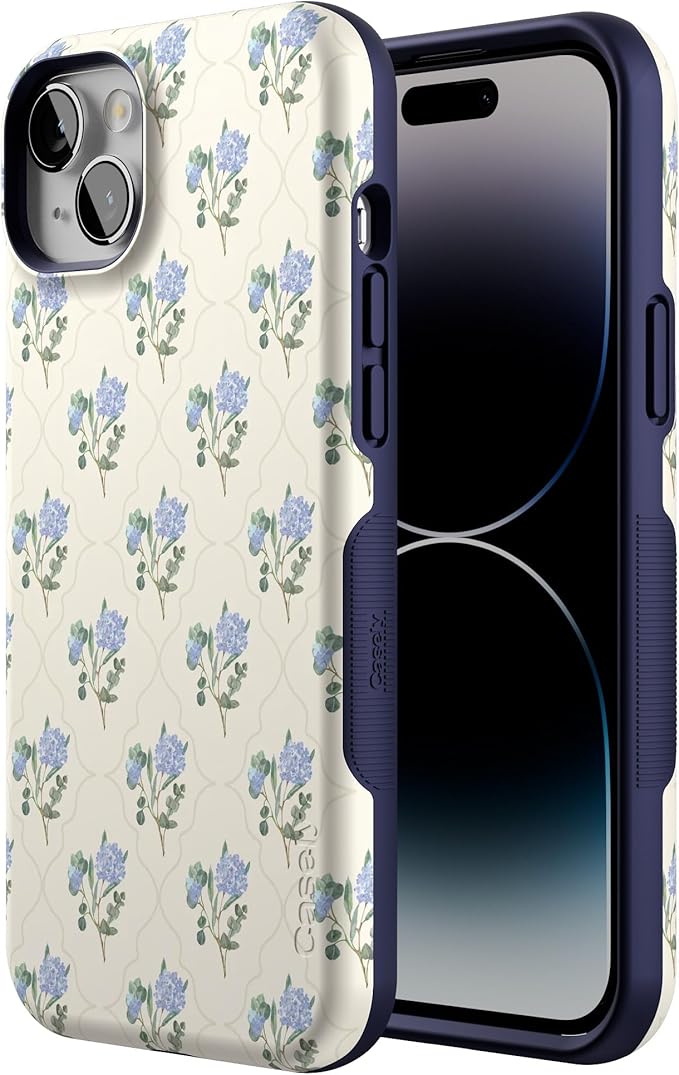 Casely iPhone 14 Case | Vintage Garden | Blue Hydrangea | Bold Protective Design | Compatible with MagSafe