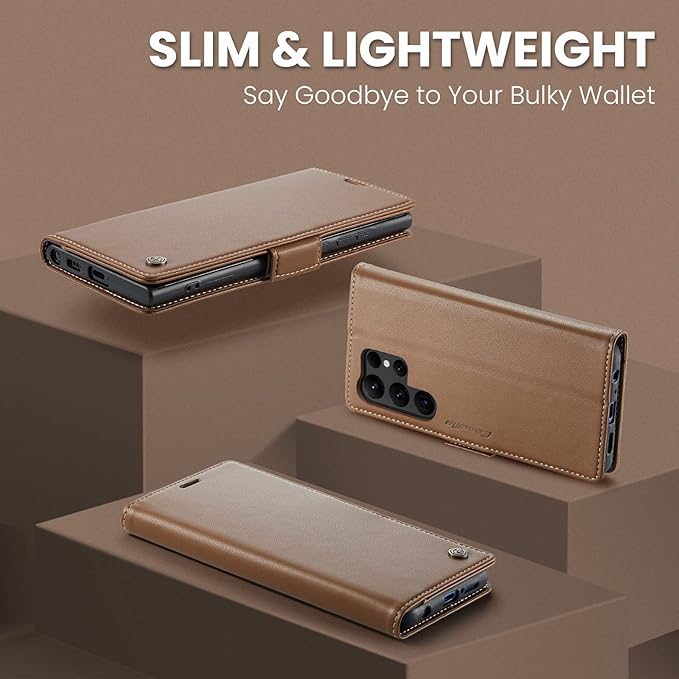 AUPAI for Samsung Galaxy S23 Ultra Wallet Case with Credit Card Holder, PU Leather RFID Blocking Folio Flip Kickstand Magnetic Clasp Protective Phone Cover for Women Men Brown