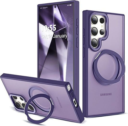 Compatible with Samsung Galaxy S24 Ultra Case with 360Rotatable Magnetic Ring Stand Compatible with Mag-Safe Military Protection Matte Translucent Phone Cases for S24 Ultra 6.8",Dark Purple