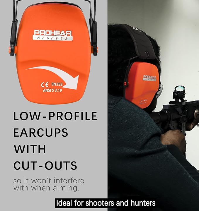 PROHEAR 016 Ear Protection Safety Earmuffs for Shooting, NRR 26dB Hearing Protector with Low-Profile Earcups, Compact Foldable Ear Defenders for Gun Range, Hunting (Orange)