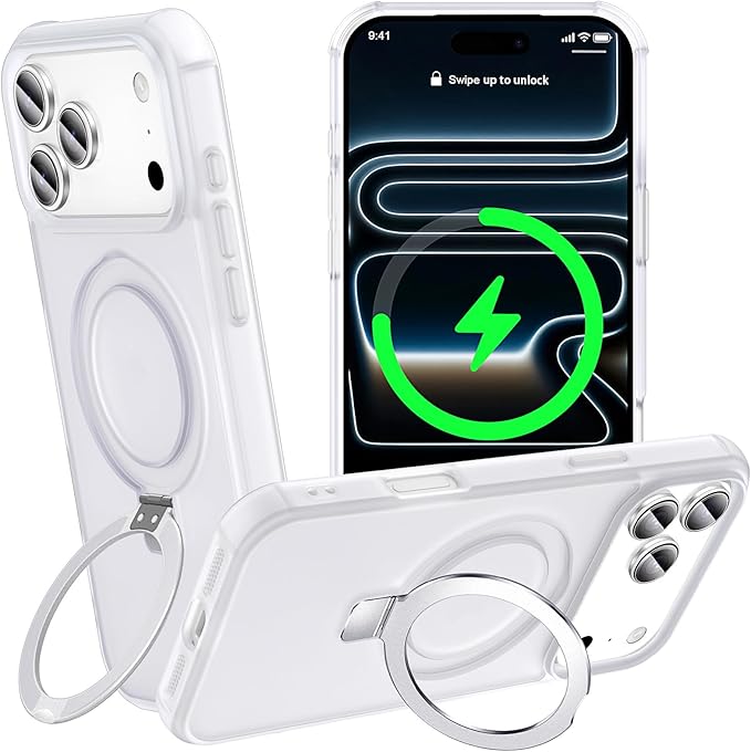 Magnetic Compatible with iPhone 17 Pro Case with Stand [Military Grade Drop Tested][Compatible with Magnet] Ring Translucent Slim Hard Back Soft Edge, Frost White