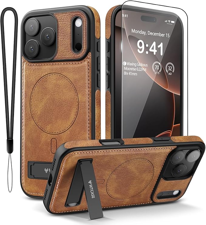Magnetic for iPhone 17 Pro Leather Case,Built-in Invisible Stand [Compatible with Magsafe] Protective Slim Kickstand Phone Cover for iPhone 17 Pro Case, Brown