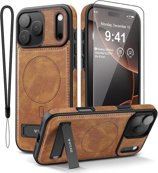 Magnetic for iPhone 17 Pro Leather Case,Built-in Invisible Stand [Compatible with Magsafe] Protective Slim Kickstand Phone Cover for iPhone 17 Pro Case, Brown
