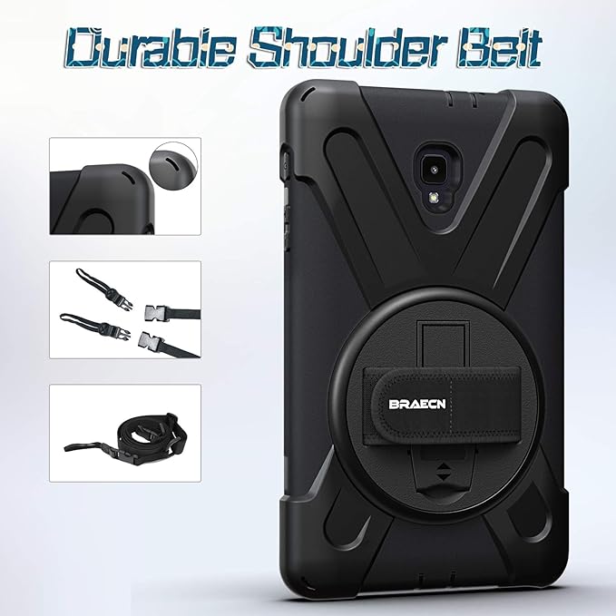 BRAECNstock for Samsung Galaxy Tab A 8.0 2017 Case, Shockproof Protective Tab A 8.0" SM-T380/T385 Case with Rotating Hand Strap & Stand, Shoulder Strap, Pencil Holder, Black