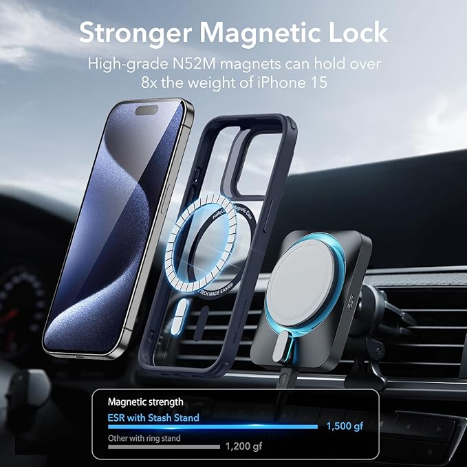 ESR for iPhone 15 Pro Case, Compatible with MagSafe, Military-Grade Protective Case, Built-in Stash Stand Phone Case, Scratch-Resistant Back Cover, Classic Series, Clear Dark Blue