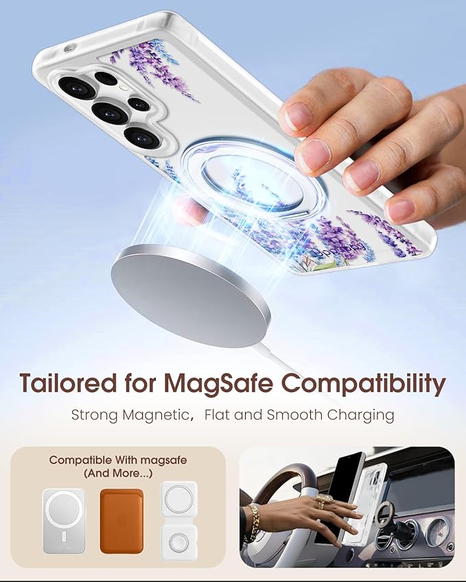 for Samsung Galaxy S25 Ultra Case with 360° Rotatable Magnetic Ring - Compatible with MagSafe, Semi-Transparent Soft-Touch Material Shockproof, Cute Purple Floral Design for Women Girl