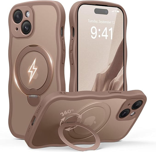 GolbinBox for iPhone 15 Case for Women,[Compatible with Magsafe][360° Spin Magnetic Stand][Cute Wave Edge][Military-Grade Protection] Translucent Matte Phone Case for iPhone 15, Brown