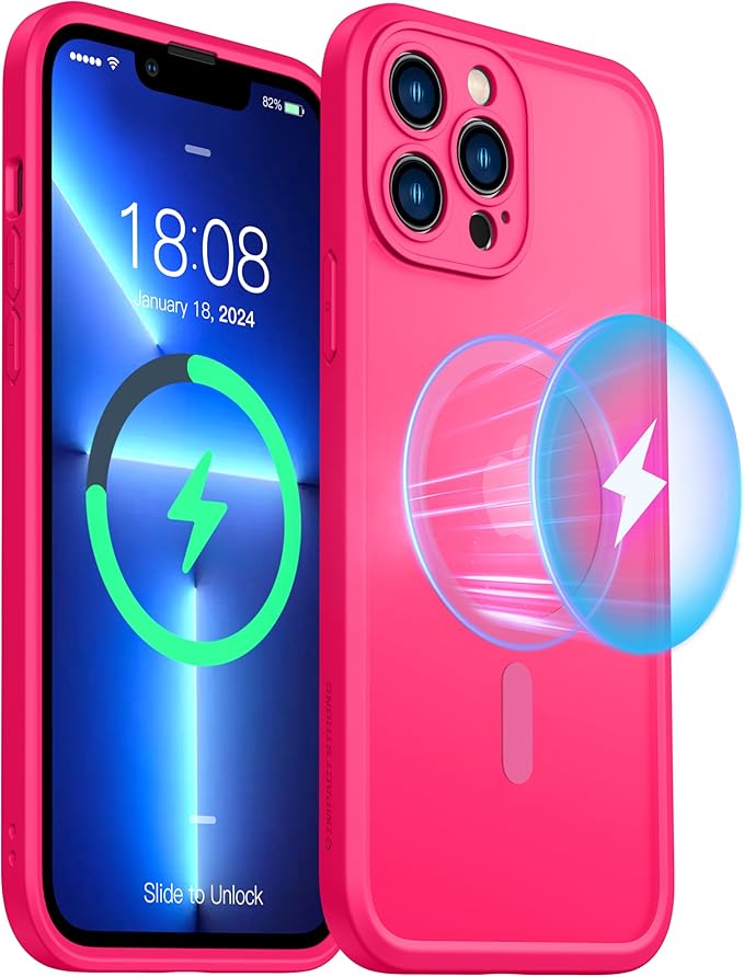 ImpactStrong Magnetic Guard Designed for iPhone 13 Pro Max Case [Camera Protection] [Military Grade Drop Tested] [Compatible with MagSafe] Slim Translucent Matte Phone Case (6.7") - Hot Pink