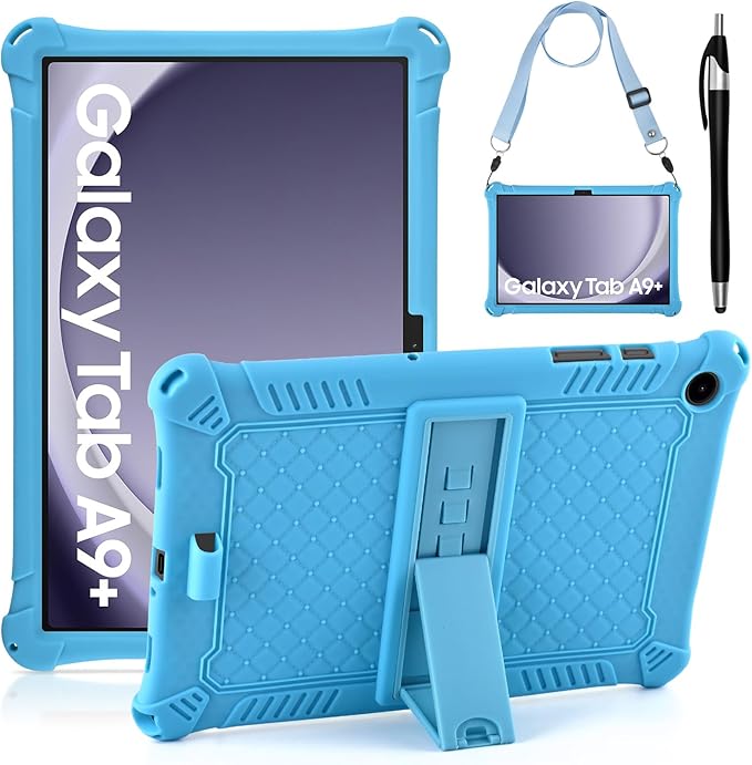 DETUOSI Compatible with Samsung Galaxy Tab A9 Plus Case 11 inch 2023, with Shoulder Strap & Stylus Pen, Soft Silicone Multi-Angle Case for Galaxy Tab A9+ Tablet SM-X210/X216/X218, Sky Blue