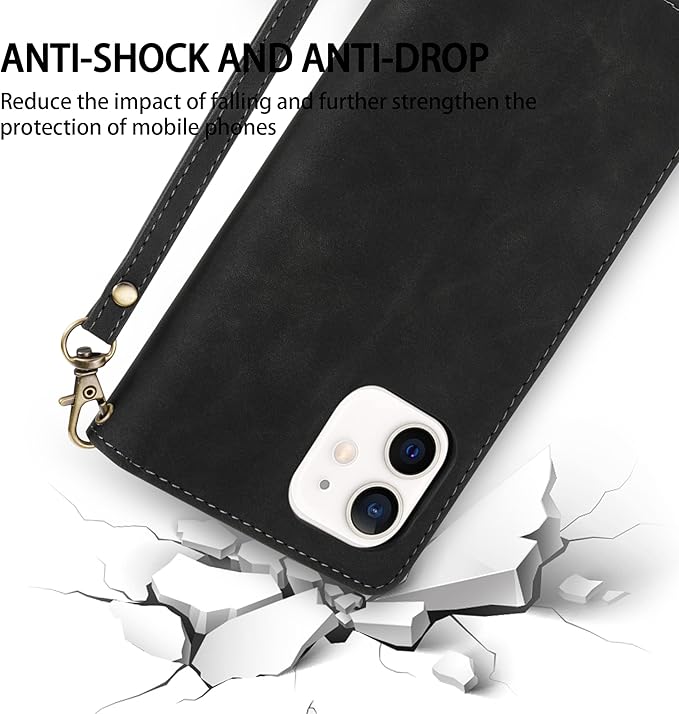 ZZXX for iPhone 12 Mini Wallet Case with Card Slot Premium Soft PU Leather Zipper Flip Folio Wallet with Wrist Strap Kickstand Protective for iPhone 12 Mini Case Wallet(Black 5.4 inch)