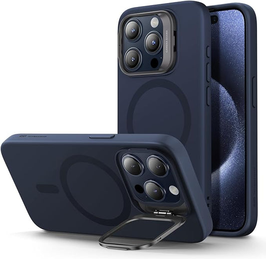 ESR for iPhone 15 Pro Case, MagSafe Silicone Case with Stand, Military-Grade Protection, Built-in Camera Stash Stand, Magnetic Phone Case for iPhone 15 Pro, Cloud Series,Dark Blue