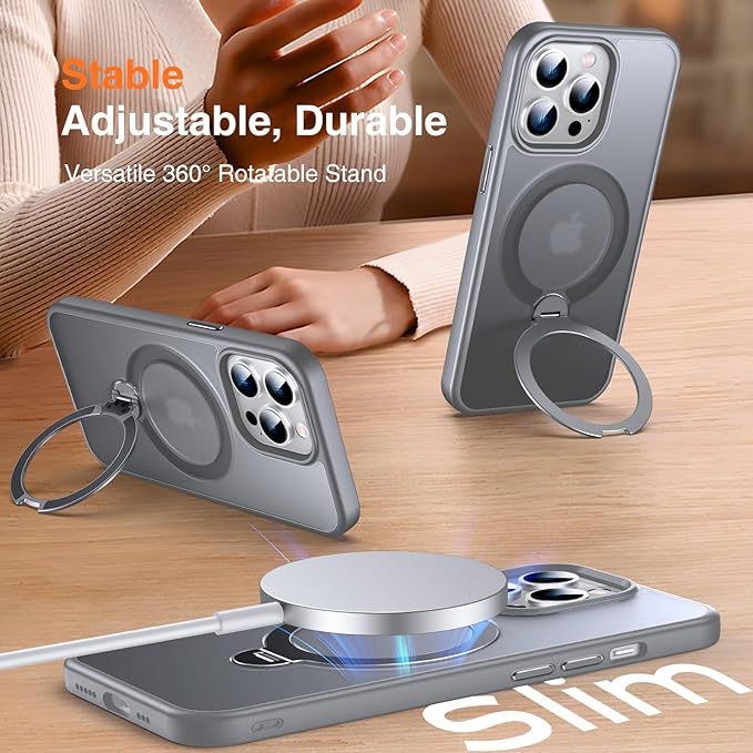 360° O-Ring MagStander for iPhone 14 Pro Case with Magnetic Kickstand Ring Holder [Compatible with MagSafe][360°Rotate Stand Ring][Military Shockproof] iPhone 14 Pro Phone Cover Matte Grey
