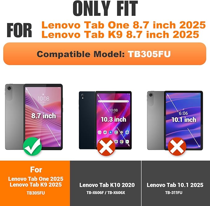 SEYMAC stock Tablet Case for Lenovo Tab One (TB305FU) 8.7 inch Drop-Proof Protection Cover with 360° Rotate Stand & Strap [Pen Holder] & Screen Protector/K9 2025, Rose+Black