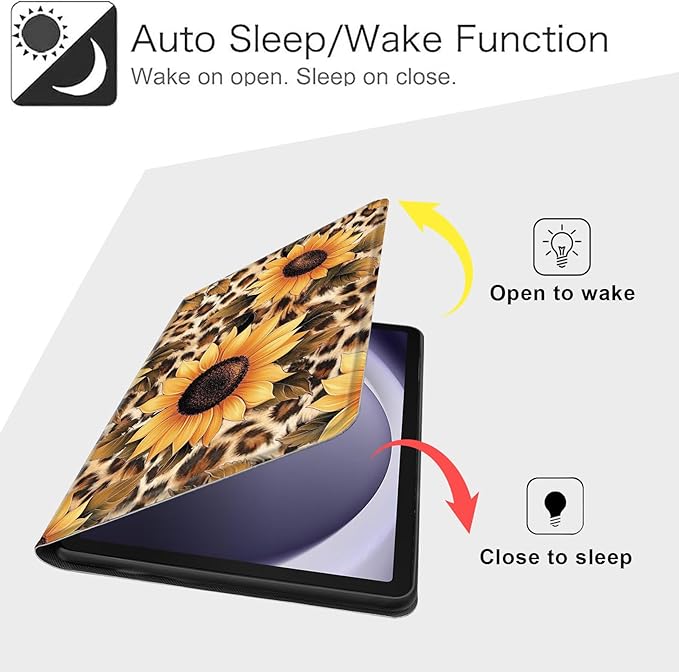 Case for Samsung Galaxy Tab A9+/A9 Plus 11” 2023 Model (SM-X210/X216/X218), Slim PU Leather Stand Cover with Auto Wake/Sleep, Multi-Angle Viewing & Shockproof, Leopard Sunflower
