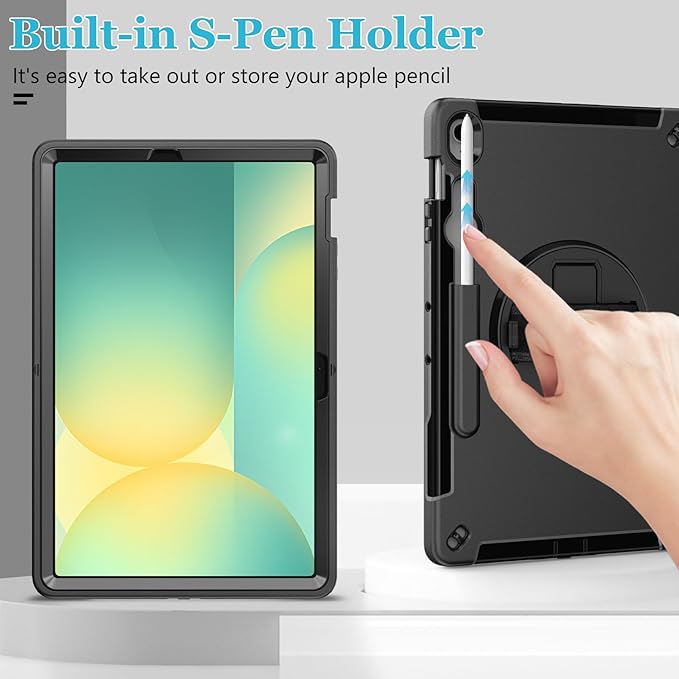Case for Galaxy Tab S10 FE Plus 13.1" 2025: TPU Cover for Samsung Tablet S10 FE Plus/+ 13.1 Inch with Screen Protector- Stand- Handle-Shoulder Strap-S-Pen Holder-Black+Black