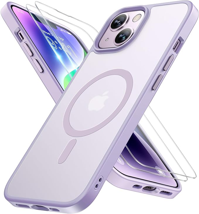 Miracase Magnetic for iPhone 14 Plus Case 6.7 inch (Compatible with MagSafe)（with 2X Screen Protectors） Military-Grade Protection, Anti-Fingerprint Translucent Matte Phone Case Cover, Light Purple