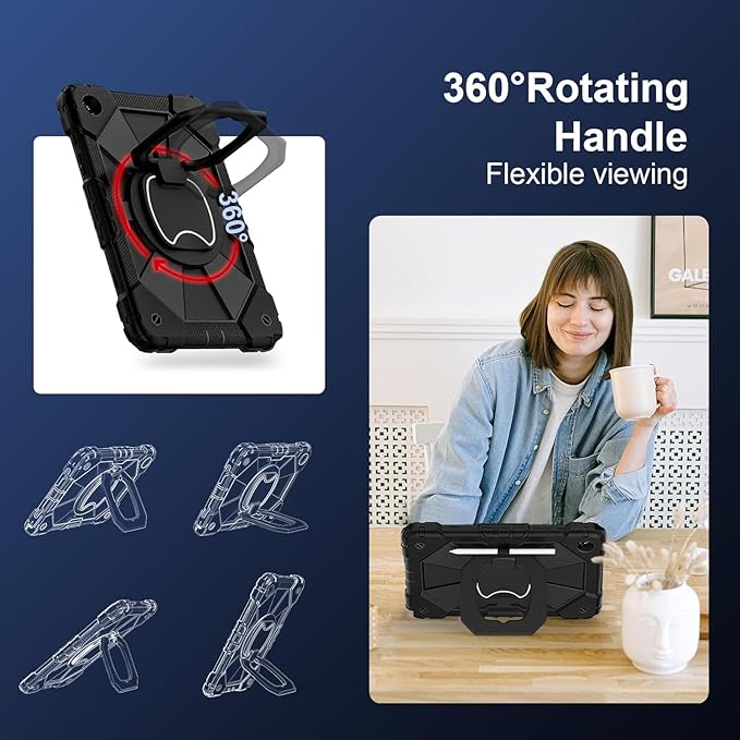 DreamerX for Samsung Galaxy Tab A9+/A9 Plus 11 Inch 2023 Case (SM-X210/X215/X216/X218), Shockproof Rugged Silicone Drop Protective Cover with 360 Rotating Stand Handle Shoulder Strap Pen Holder, Black