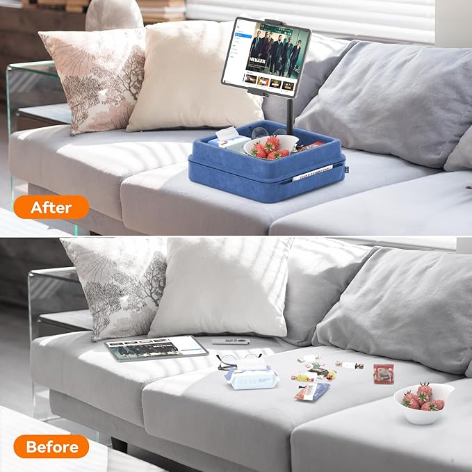 KDD Tablet Pillow Holder - 360°Adjustable iPad Pillow Stand for Lap, Bed and Desk - Gooseneck Tablet Soft Pad Dock with Storage Tray and Pocket Compatible with iPad Pro 12.9, Air Mini, Phone,(Blue)