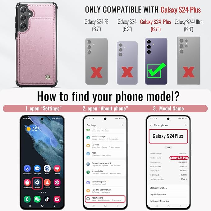 Vinich for Samsung Galaxy S24 Plus Wallet Case with Card Holder, RFID Blocking Credit Slots Kickstand Shockproof Phone Cover for Women Men, Pink