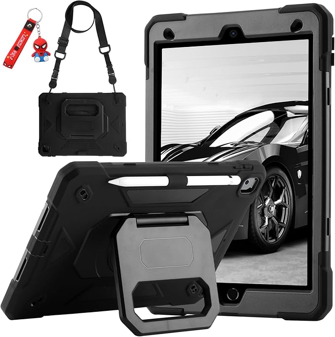 for iPad 10.2 inch Shockproof Case with 360 Rotating Grip Magic Stand, Pen Slot/Keychain/Carrying Shoulder Strap,Case for iPad 9th/8th/7th Gen