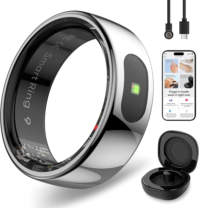 Smart Ring with Instant Notification Alerts & Gesture Control - Sleep Tracker Ring, Fitness Ring for Steps & Heart Rate, IP68 Waterproof (Silver, 8)