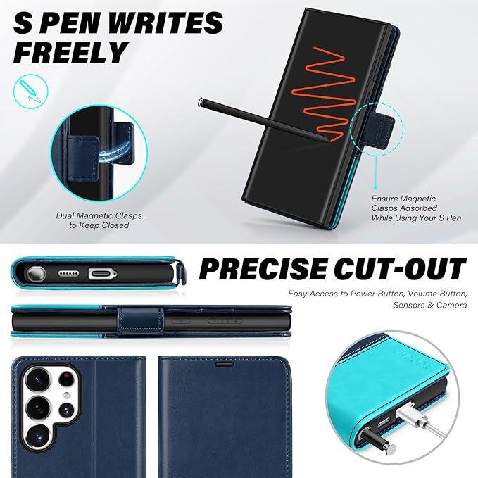 TUCCH Wallet Case for Galaxy S25 Ultra 5G, Magnetic PU Leather Kickstand [RFID Blocking] Card Slot Folio Cover with [TPU Shockproof Inner Shell] Compatible with Galaxy S25 Ultra, Blue & Lake Blue