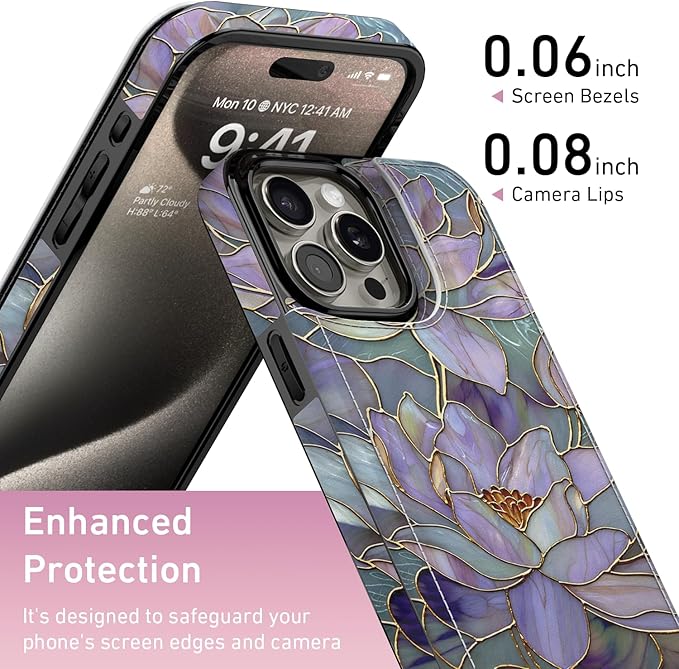 FUNMIKO for iPhone 15 Pro Max Wallet Case with Card Holder, RFID-Blocking, Military-Grade Protection & UV-Printed Artwork, Magnetic Closure with Leather Kickstand - Dreamy Lotus