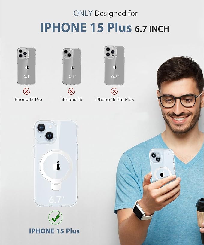 Compatible with iPhone 15 Plus Case, Built-in Screen Protector & Seamless Stand, with Camera Lens Protector, Strong Magnetic Clear Phone Case, Full Body Protective Cover for 6.7" (Clear)