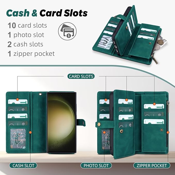TwoHead for Samsung Galaxy S23 Ultra Wallet Case with Card Holder & Detachable Magnetic Phone Case for Galaxy S23 Ultra,PU Leather Shockproof Protective Phone Cover Wallet(6.8 in,Green)
