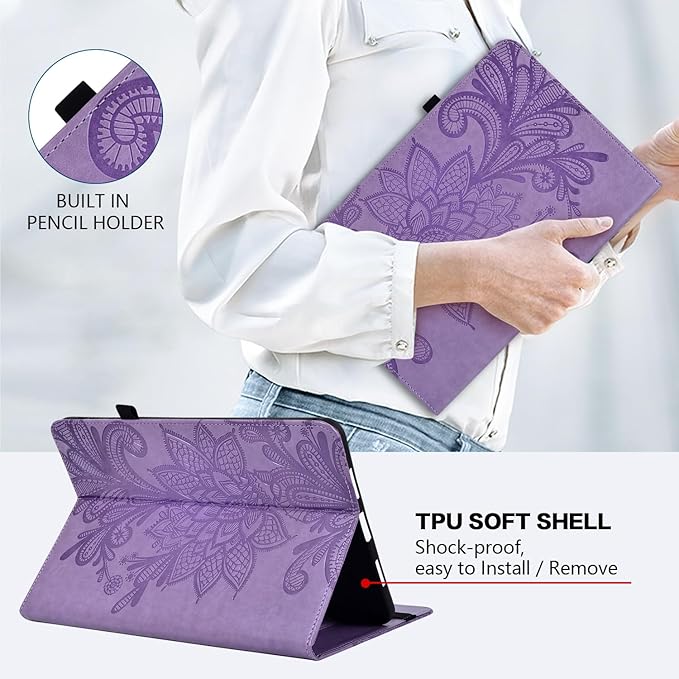Case for Lenovo Tab M9 9 inch (TB-310FU), Embossed Lace PU Leather Flip Folio Protective Tablet Case with Elastic Band Card Slots Pen Holder, Multi-Angle Viewing Stand Cover - Purple