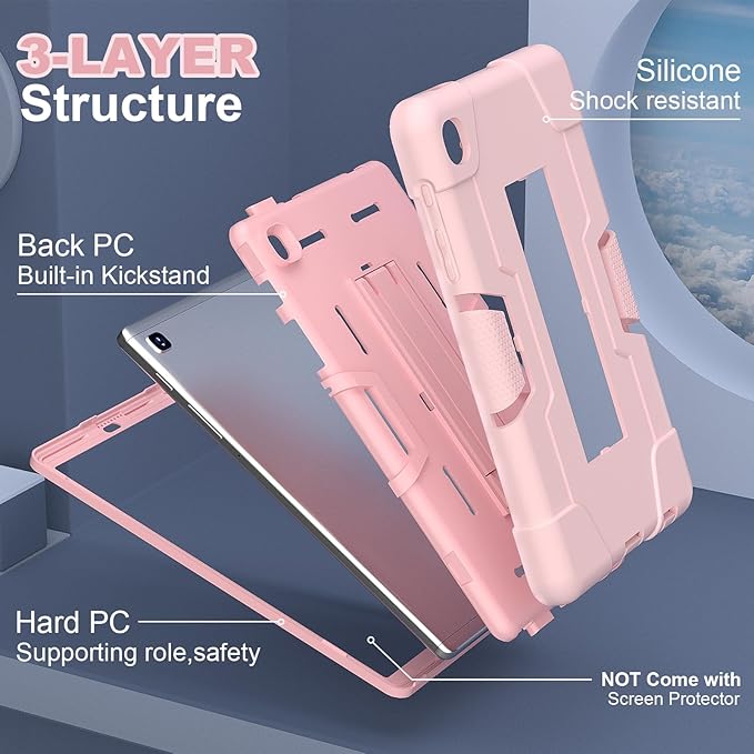 Case for Samsung Galaxy Tab A7 Lite 8.7-Inch 2021 (SM-T227/T225/T220), 3 in 1 Heavy Duty Rugged Shockproof Kickstand Hybrid Three Layer Protective Cover, Rosegold