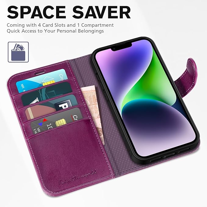 TUCCH Wallet Case for iPhone 14 6.1-inch 5G, [TPU Shockproof Inner Shell] PU Leather [RFID Blocking] 4 Credit Card Holder Magnetic Kickstand Flip Cover Compatible with iPhone 14 (6.1"), Plum Purple