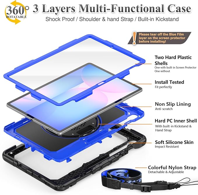SEYMAC stock Case for Samsung Galaxy Tab S10 FE+ Plus 5G Tablet Case 13.1'' Protective with Screen Protector, Pencil Holder, 360 Rotating Stand, Hand Strap, Shoulder Strap, Blue1